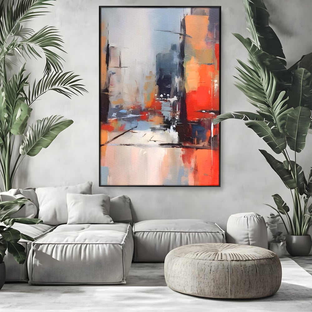 Tablou canvas cu pictura abstracta cu oras si cladiri, in rama de aluminiu negru, pe perete intr-un living